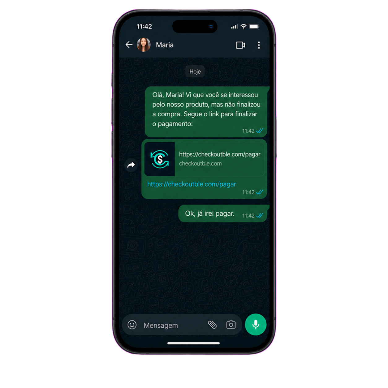 Conversa no WhatsApp com link de pagamento enviado pelo Checkoutble